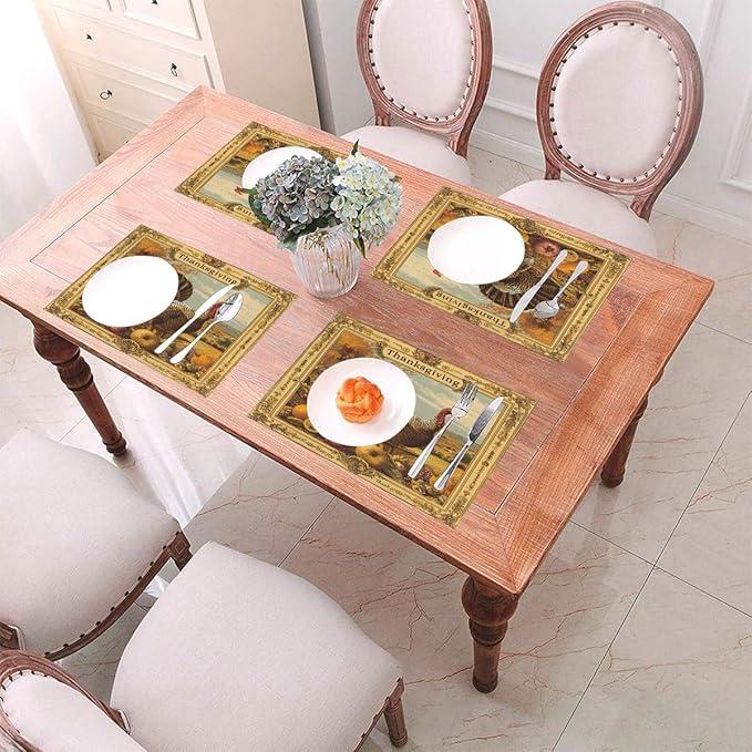 PVC Placemats Set of 4 Wipeable Table Mats Washable Heat Resistant Non Slip Vinyl Dining Table Mat for Kitchen Indoor Outdoor Patio Farmhouse Place Mats Retro Turkey Thanksgiving Decorative