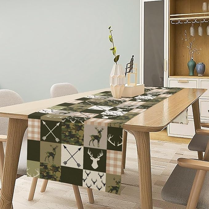 Farmhouse Table Runner, Rustic Deer Camouflage Buffalo Plaid Wild Animal Seasonal Coffee Table Center Decor for Home Kitchen Dining Holiday Party Table Decorations 13x108 inches