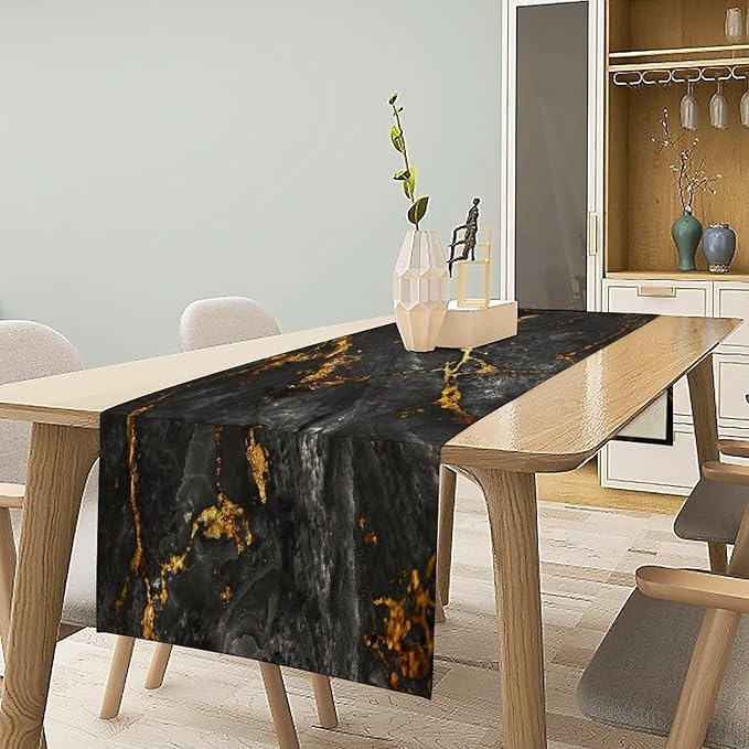 Black Grey Marble Table Runner Abstract Black Grey Gold Veins Marble Pattern Seasonal Dinner Runner Table Decoration for Farmhouse Home Kitchen Dining Holiday Party 13x60in