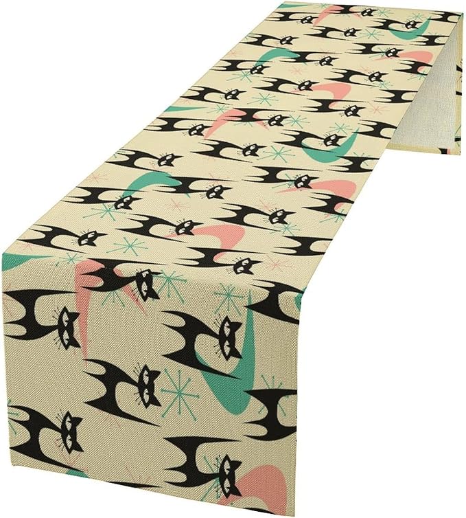 Mid Century Table Runner,Cat Geometric Stripe Colorful Abstract Pattern Print Tablecloth Burlap for Hotel Indoors Outdoor Dining Room Kitchen Holiday Party, 13x36in