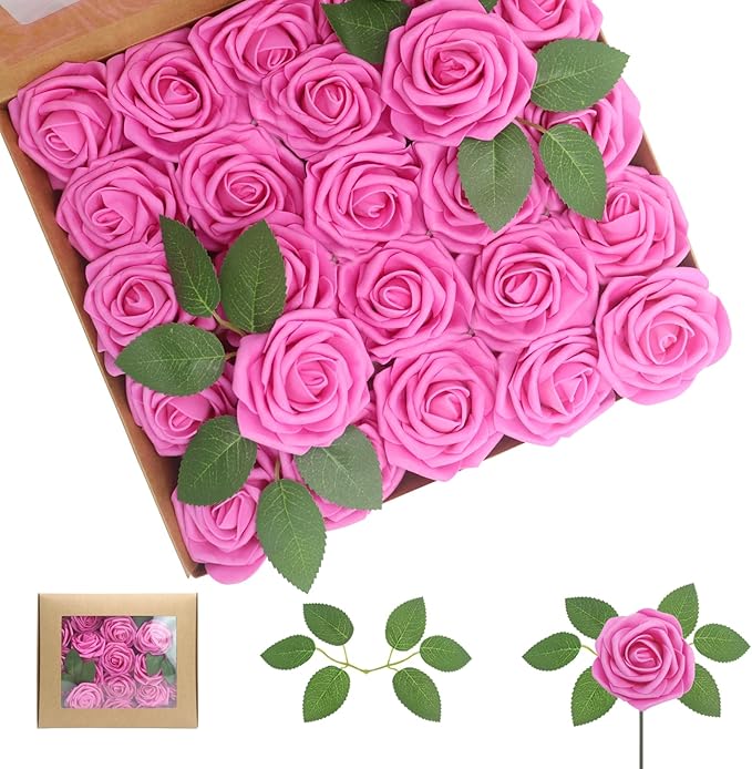 50Pcs Hot Pink Artificial Flowers Roses Real Looking Foam Fake Roses with Leaves and for DIY Wedding Bouquets Bridal Shower Centerpieces Party Decorations (Hot Pink, 50)