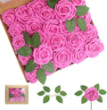 100Pcs Artificial Flowers Hot Pink Roses Real Looking Foam Fake Roses with Leaves and for DIY Wedding Bouquets Bridal Shower Centerpieces Party Decorations (Hot Pink, 100)