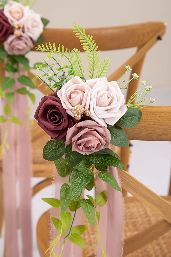 DORIS HOME Wedding Aisle Decorations Mauve Pew Flowers Set of 10 for Wedding Ceremony Party Chair Decor with Artificial Flowers Eucalyptus and Ribbons