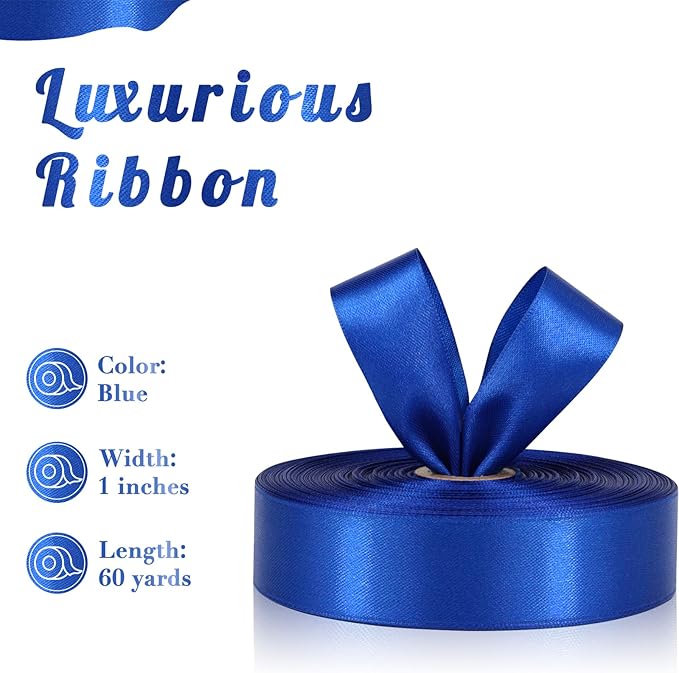 Blue Ribbon 1 Inch 60 Yards, Royal Blue Satin Ribbon for Gift Wrapping, Flower Bouquet, Graduation Lei, Crafts, Baby Shower, DIY Bows and Wedding Decorations