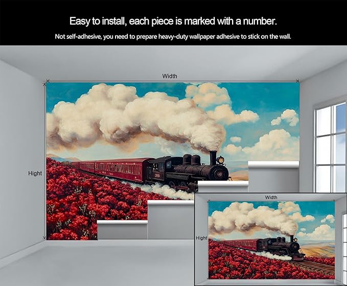 Vintage Train Wall Mural, Steam Engine Landscape 3D Wall Murals, Train Through Flower Field Wallpaper Mural, for Living Room Bedroom Large Wallpaper Indoor Decor 177.16" W x120 H