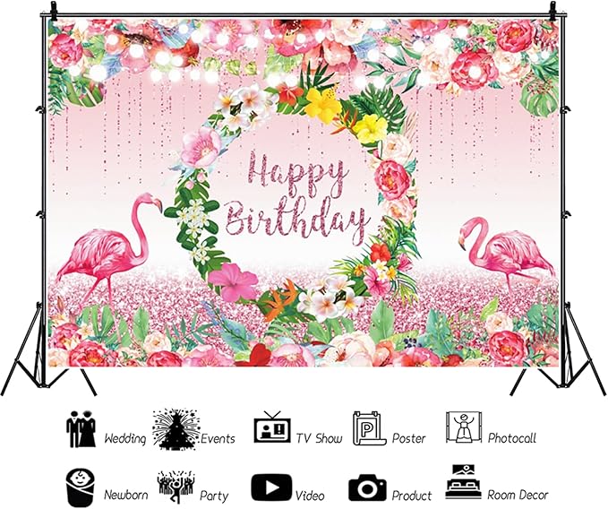 Renaiss 7x5ft Pink Flamingo Happy Birthday Backdrop Tropical Leaves Floral Hoop Winkle Hawaiian Photography Background Luau Aloha Party Decor Girls Birthday Photo Props Dessert Gift Table Banner