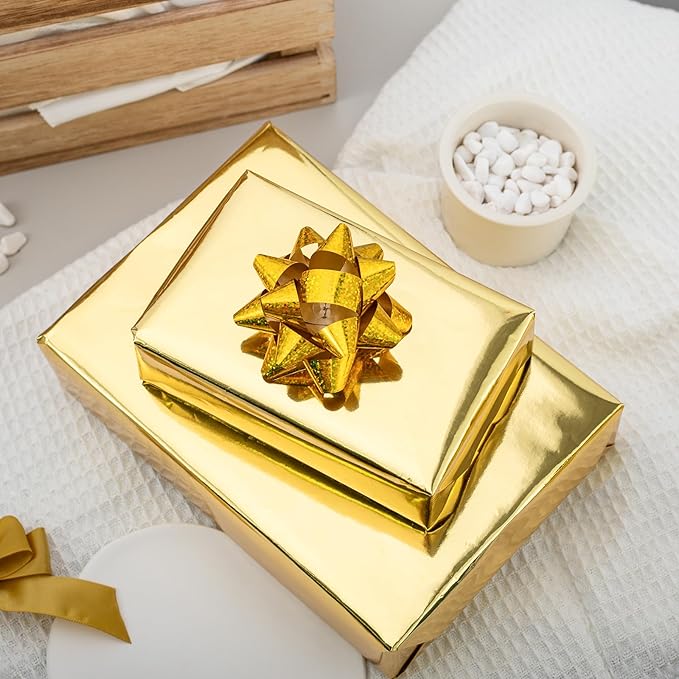 Merture Gold Wrapping Paper Roll - 17 In X 784.4 In (92.6 sqft) Metallic Gold Solid Color Gift Wrap with Grid Cutting Lines for Christmas, Wedding, Birthday, Valentines Day, Mothers Day, Baby Shower