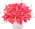 Artificial Flowers in Vase, Fake Lily Flowers with White Ceramic Vase, Small Potted Faux Floral Arrangements for Home Desk Kitchen Lavatory Coffee Tea Wedding Table Centerpiece Decor (Hot Pink)