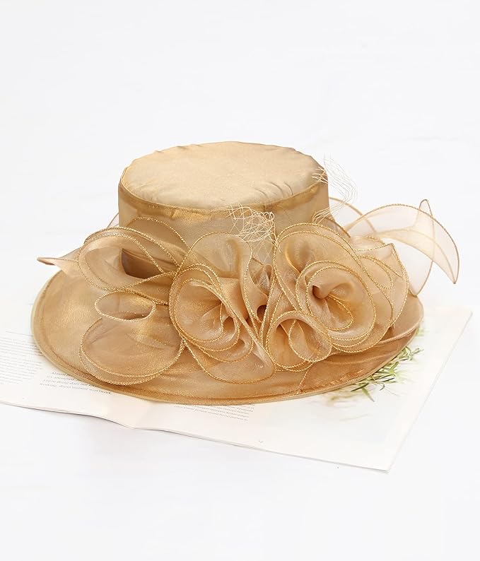 Organza Derby Hats for Women Wide Brim Fascinator Hat Rose Flower Wedding Tea Party Hat