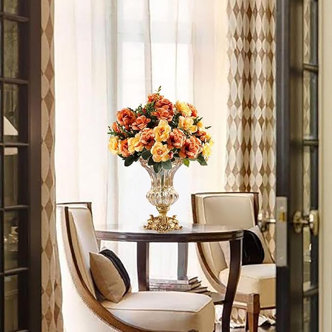 Artificial Flowers in Vase Set – Retro European Style Golden Crystal Glass Vase with Orange Faux Flowers, Carved Decorative Centerpiece for Table, Entryway, or Living Room