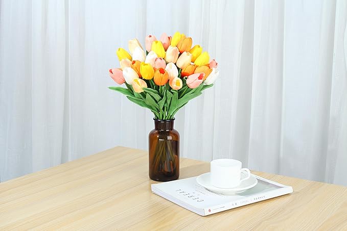 SITUMEIZI Fake Flowers Tulips Artificial Silk Flower 15pcs Real Touch 14" for Spring Easter Home Kitchen Wedding Bouquet Bulk Mother's Gift Day Decorations(Multicolor,5-2)