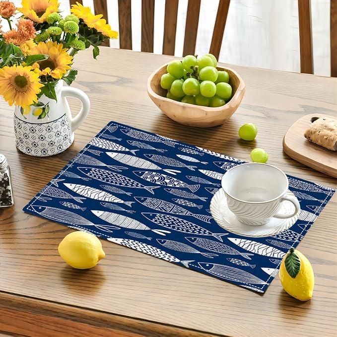 Japanese Fish Placemats Set of 6, Blue Fishing Country Double-Sided Table Mats for Kitchen Dining Room Home Party Indoor Decor 6 PCS 12x18 Inch