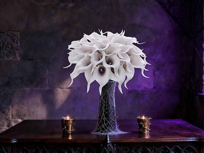 24 Pcs Artificial Calla Lily Flowers Fake Silk Flowers Real Touch for Wedding Bouquet Office Goth Home Kitchen Decor (White Black)