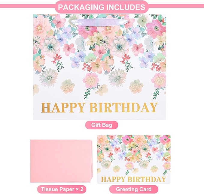 ASYEHJNR 13" Large Size Happy Birthday Gift Bag Floral Flower Pattern with Metallic Gold Happy Birthday Sign Vintage Gift Bag with Greeting Card and Tissue Paper for Girls Women