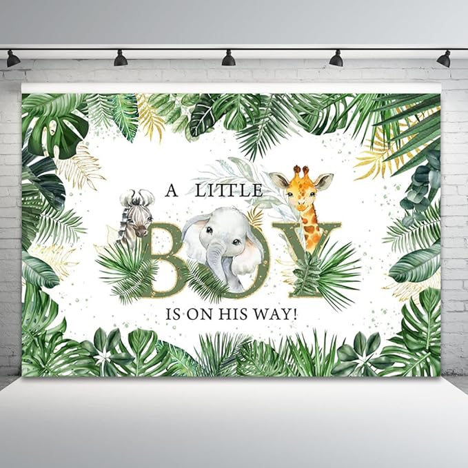 10x8ft Baby Shower Backdrop A Little Boy is On His Way Photography Background Jungle Animals Elephant Giraffe Green Gold Leaves Kids Party Banner Decorations Newborn Parties Photo Booth Prop