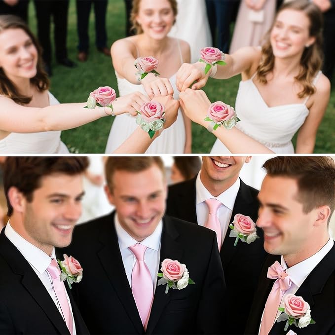 Wrist Corsage and Boutonniere Set, Artificial Rose Corsage Wristlet and Boutonniere for Wedding Prom Party (Pink, 4pcs)