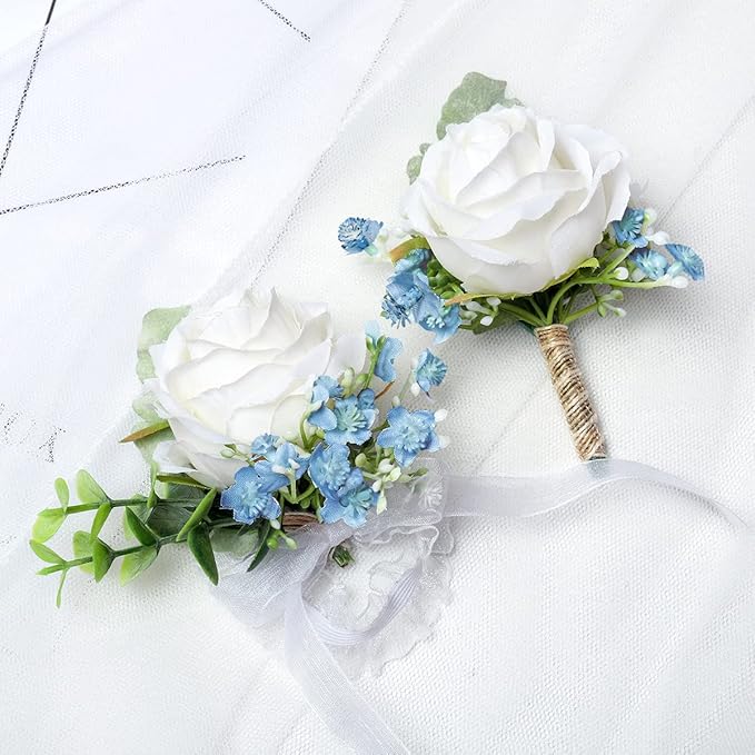 White & Blue Rose Corsage and Men Boutonniere Set for Wedding Ivory Corsages Wristlet Band Bracelet for Wedding Flowers Accessories Prom Homecoming Suit Decorations