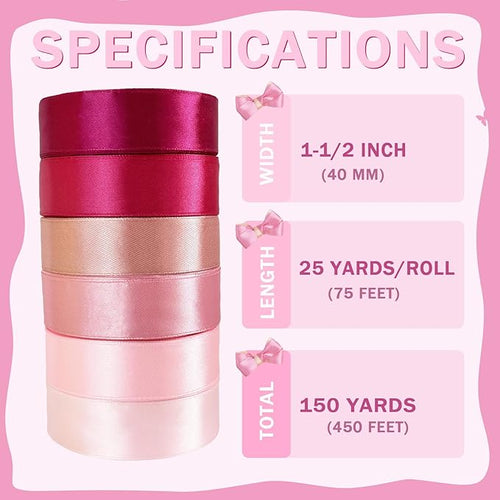 150 Yards Pink Satin Ribbon 1-1/2 Inch 6 Rolls Assortment Ribbons for Crafts Gift Wrapping Flower Bouquet Wedding Invitations Birthday Party Festival Decoration Hair Bows