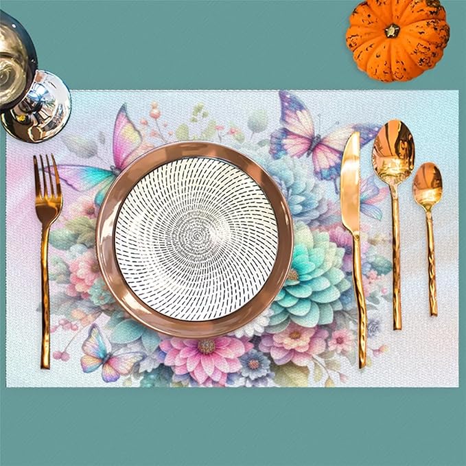 PVC Placemats Set of 4 Spring Flower Floral Wipeable Table Mats Washable Heat Resistant Non Slip Vinyl Dining Table Mat for Kithen Indoor Outdoor Patio Farmhouse Place Mats Decorative