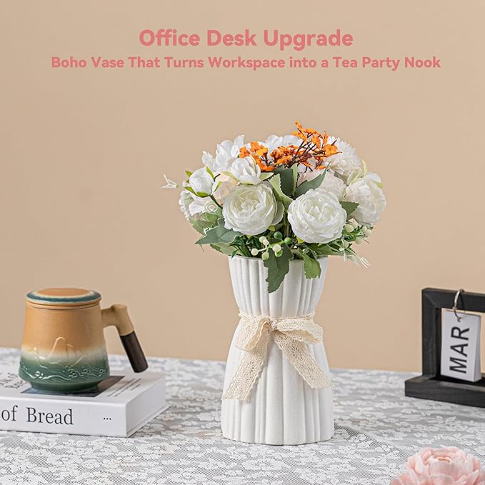 White Ceramic Vase with Lace Bow & Ribbed Texture - 7.7" Unique Flower Vase for Pampas Grass & Centerpieces, Farmhouse/Boho Decorative Vase for Living Room, Office Desk & Gift for Her/Yourself