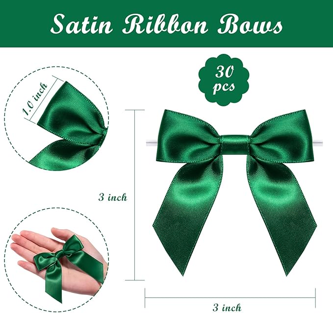WRAPAHOLIC 30 Pcs 3" Green Satin Ribbon Bows with Twist Tie - Pretied Premade Craft Bows for Christmas Party Crafts Treat Bags Gift Wrapping Wedding Birthday Baby Shower
