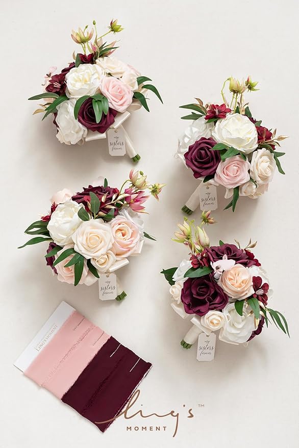 Ling's moment Artificial Flowers Marsala Red & Pink Bridesmaid Bouquet Set of 4, Wedding Flowers Bouquets for Bridesmaids, 7 Inch Bridal Bouquets for Bridesmaids, Wedding Decor, Ceremony, etc
