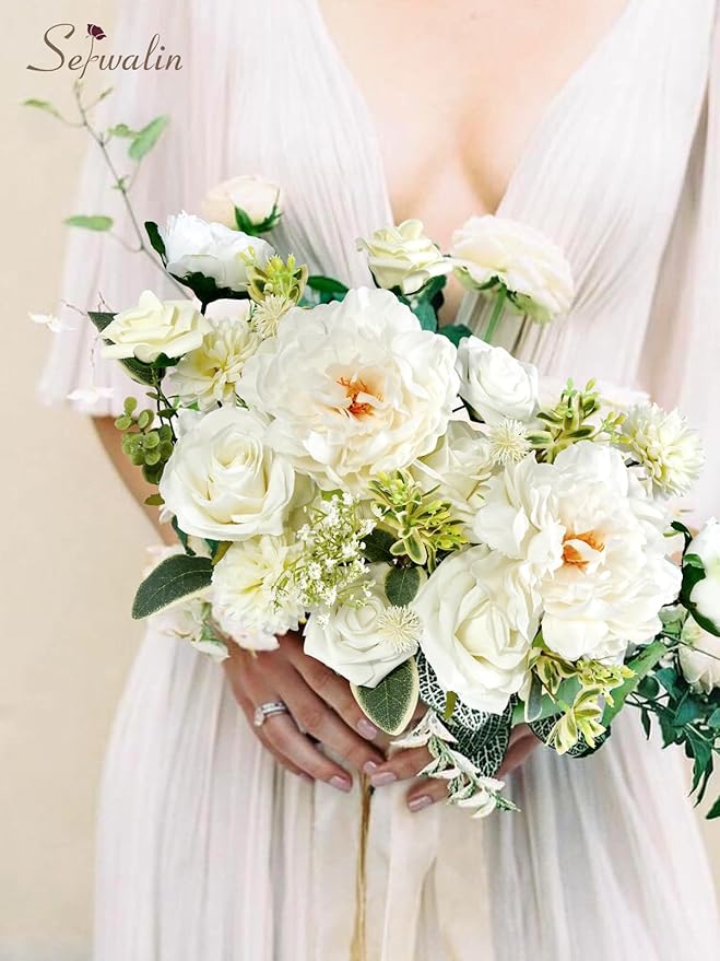 Serwalin Artificial Flowers Bridal Bouquets Realistic Fake Silk Foam Flowers Wedding White Peonies Roses DIY Centerpieces Corsage Boutonniere Home Decoration Party Arrangement Baby Shower