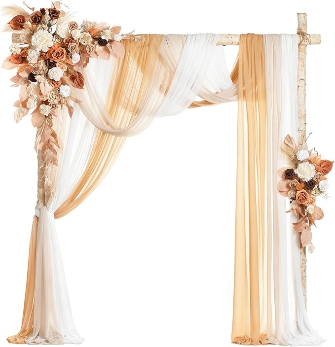 Ling's moment Fall Wedding Arch Flowers with Sheer Drapes Kit - Artificial Rust Boho Floral Arrangements for Ceremony Backdrop, Arbor Decor, Orabge 5-Piece Set (2 Flower Stems + 3 Hanging Drapes)