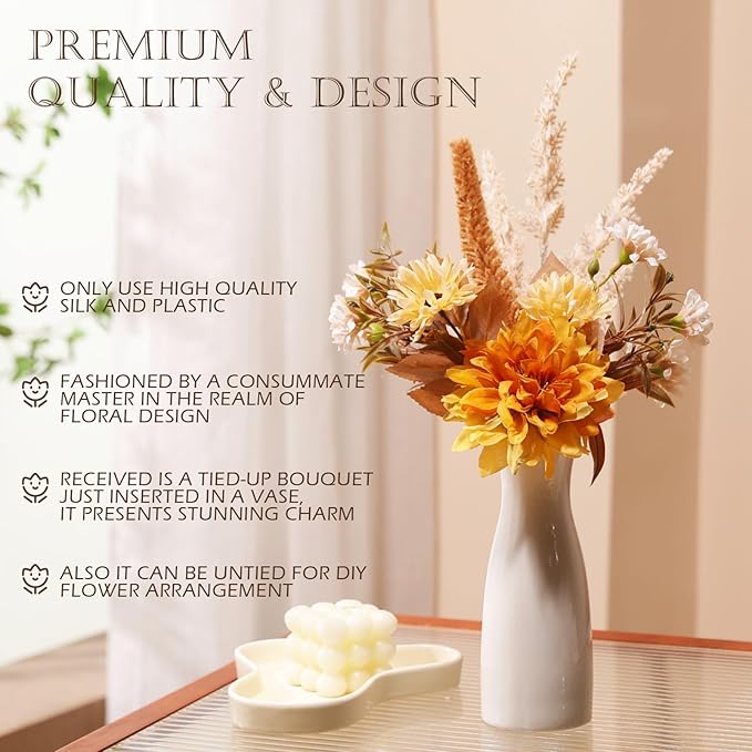 Fake Flower Bouquet, Faux Flower Arrangement for Decorating Kitchens, Bedrooms, Bathrooms, Realistic Artificial Flowers Made of Silk & Plastic, Floral Decoration with Dahlia & Small Blossoms