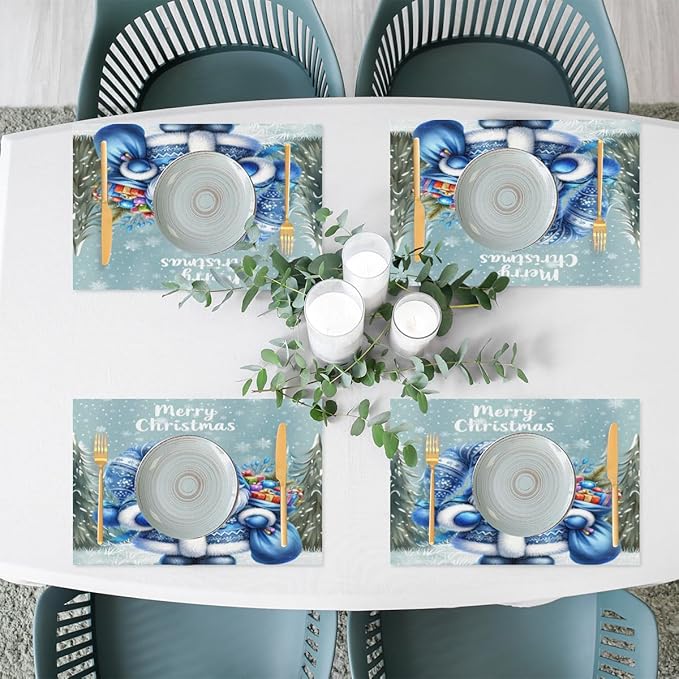 Xmas Christmas Gnomes Bule Snowflake Placemats Set of 4 PVC Vinyl Non Slip Table Mats Heat Resistant Place Mats Washable Wipeable Dining Table Mat for Kitchen Party Indoor Outdoor Decorative Gift