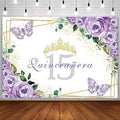 SENDY 10x7ft Quinceañera Backdrop Mis Quince 15 Anos Birthday Party Decoration Supplies for Girl Princess Purple Floral Butterfly Gold Crown Photography Background Banner Photo Booth Studio Prop Vinyl