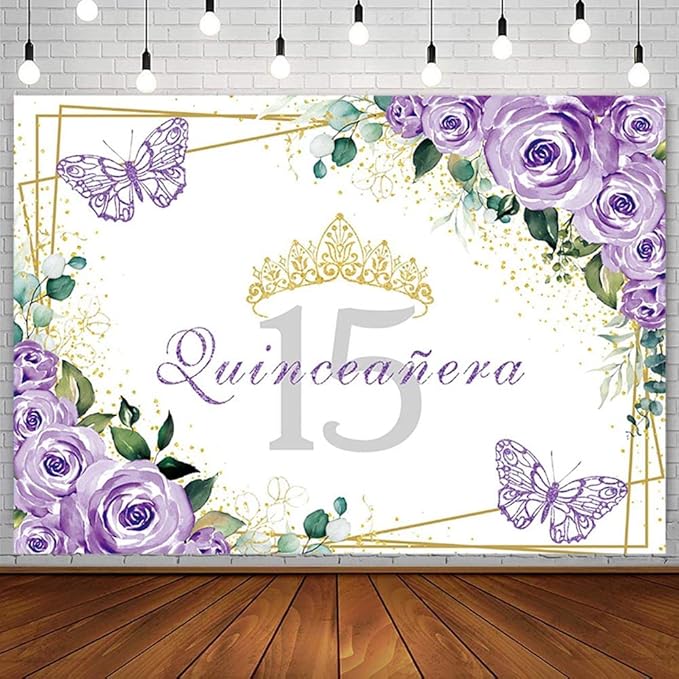 SENDY 10x7ft Quinceañera Backdrop Mis Quince 15 Anos Birthday Party Decoration Supplies for Girl Princess Purple Floral Butterfly Gold Crown Photography Background Banner Photo Booth Studio Prop Vinyl