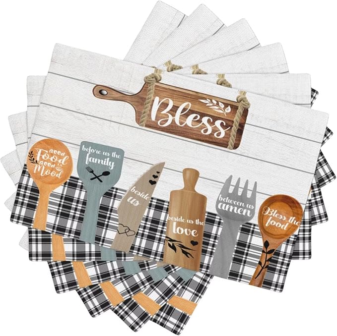 Fork Spoon Kitchen Table Placemats Set of 6 Retro Wooden Tableware Print Placemat Indoor Outdoor Party Home Desktop Dining Room Decoration 12x18 Inch