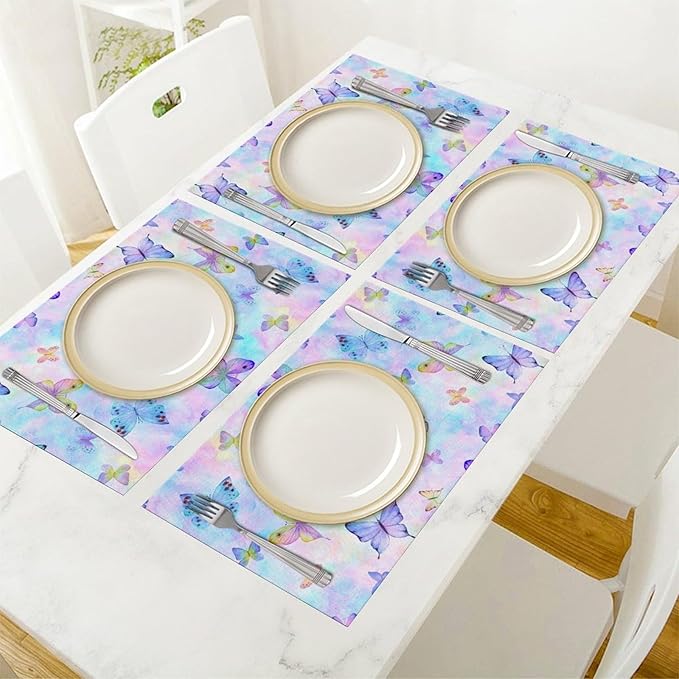 Watercolors Butterfly Placemats Set of 4,Spring Summer Flower Place Mats Washable for Kitchen Dining Table Heat Resistant Decorative Colth Table Mats 4 PCS, Style