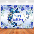 Butterfly Happy Birthday Backdrop Royal Blue Floral Photography Background Women Girls Blue Flowers Birthday Wishes Party Decorations Banner Supplies Photo Booth 8x6ft