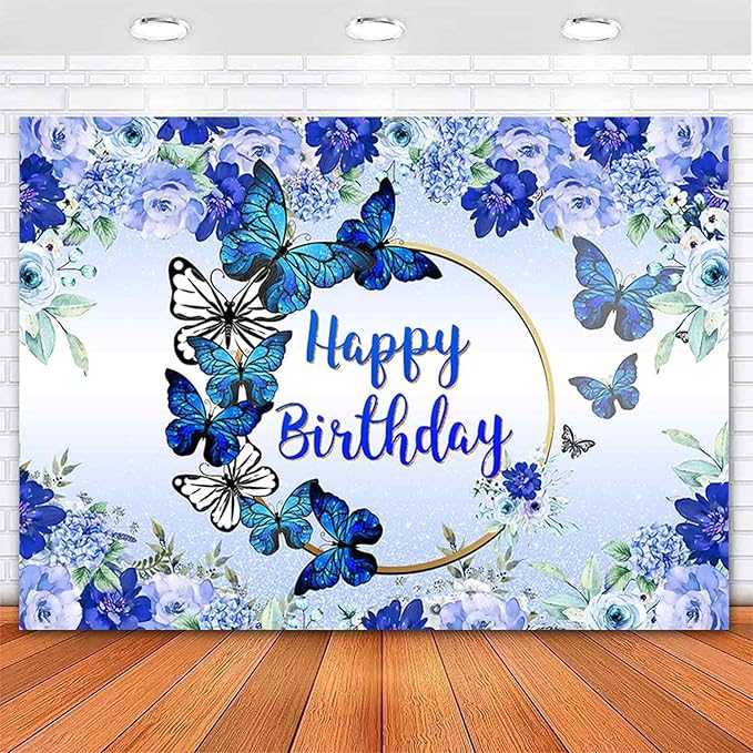 Butterfly Happy Birthday Backdrop Royal Blue Floral Photography Background Women Girls Blue Flowers Birthday Wishes Party Decorations Banner Supplies Photo Booth 8x6ft
