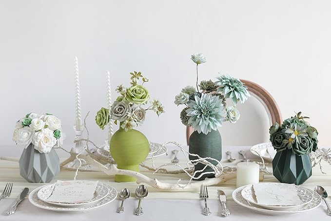 YYHUAWU Artificial Flowers Combo Set Fake Flower Leaf Box with Stems for DIY Wedding Bouquets Centerpieces Arrangements Baby Shower Party Home Decorations (Tiffany Blue & Forest Green)