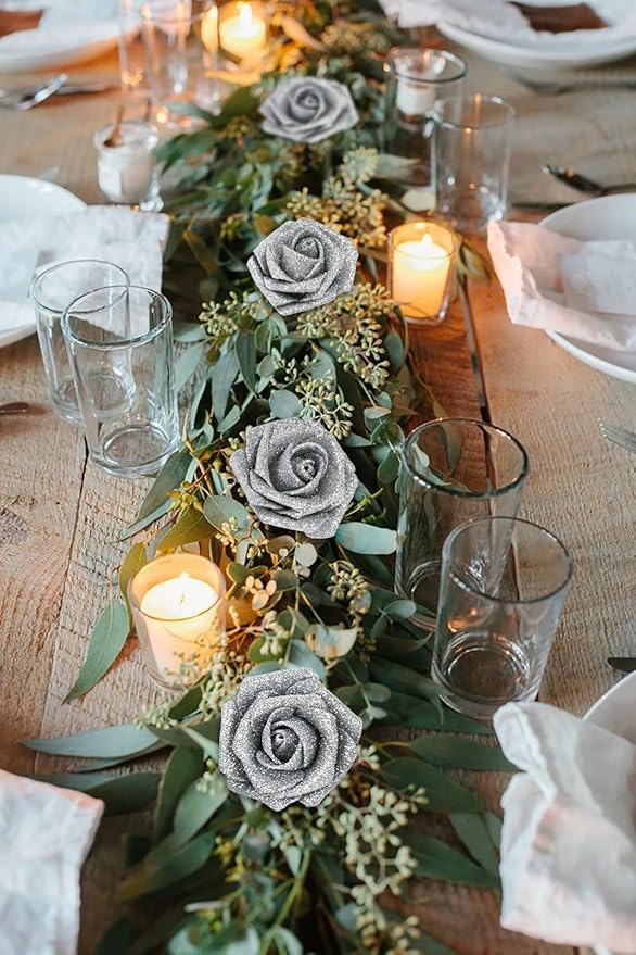 Glitter Silver Roses Artificial Flowers 30pcs Silver Flowers Artificial Roses with Stems Glitter Roses for Wedding Corsage Floral Bridal Shower Centerpieces Table Decor