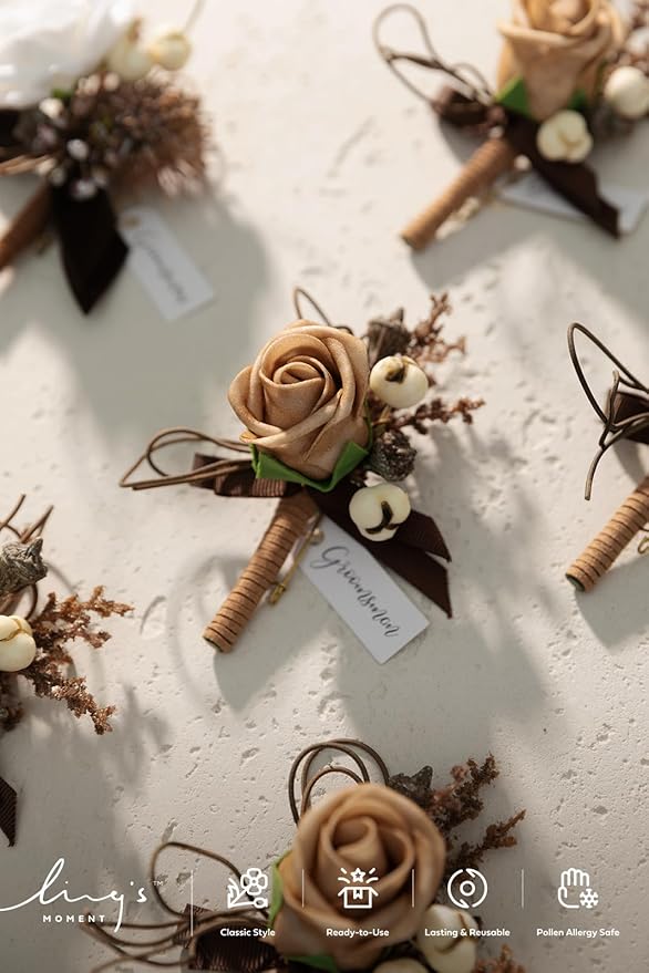 Ling's moment Boutonniere for Men, 6pcs Groom Groomsmen Boutonniere, Artificial Flowers for Wedding Decor/Prom/Homecoming, etc.Sand Beige White