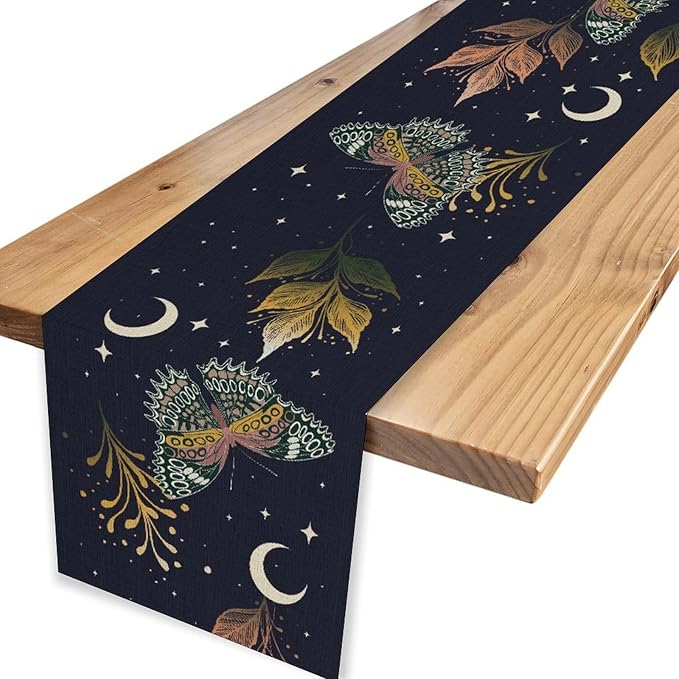 Gothic Moth Table Runner, Boho Gothic Floral Butterfly Sun Moon Mystical Witchy Starlight Coffee Table Center Decor for Home Kitchen Dining Patio Holiday Party Table Decorations 13x72 inches