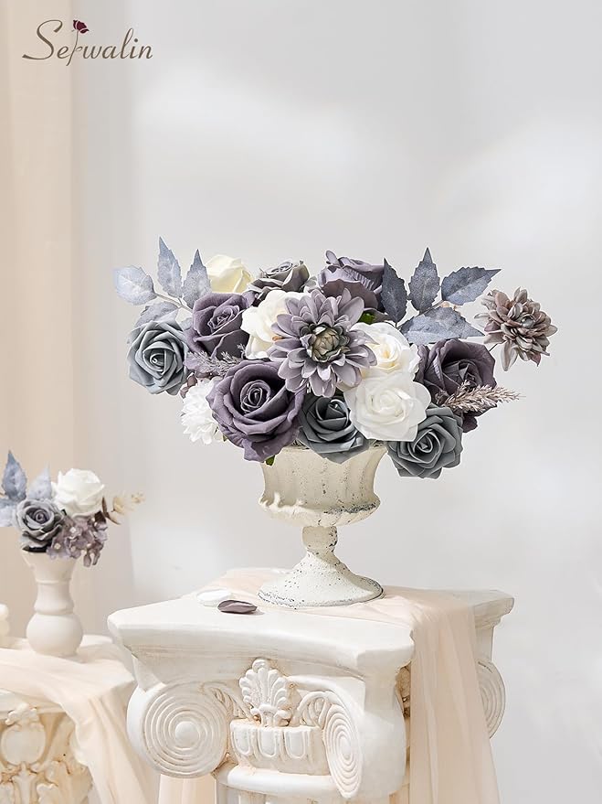 Serwalin Grey Artificial Flowers, Silk Fake Flowers for DIY Wedding Bridal Bouquets, Wedding Cake Flowers for Table Centerpieces Baby Shower Birthday Party Home Decorations