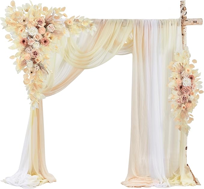 Wedding Arch Flowers Kit Pack of 5,2pcs Boho Artificial Floral Swag Arrangement and 3pcs Fabric Drap for Wedding Flower Arch Decor Ceremony Arbor Reception (Beige)