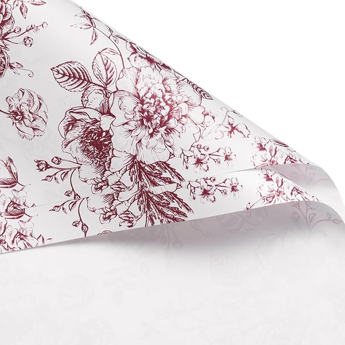WRAPAHOLIC 20 Sheets Flower Wrapping Paper - 22.4 x 22.4 inch Red Vintage Floral Printed Water-Resistant Floral Bouquet Wrapping Paper, Florist Supplies Packaging for Wedding Birthday Gift DIY