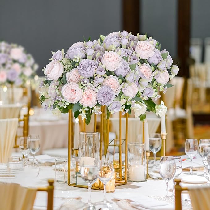 SOMYTING Peonies Artificial Flowers, Fake Flowers Purple Peonies Faux Flowers Vintage Artificial Silk Flower Peonies Bouquets Floral Arrangements Home Wedding Party Table Decor (Pink Purple, 2PCS)