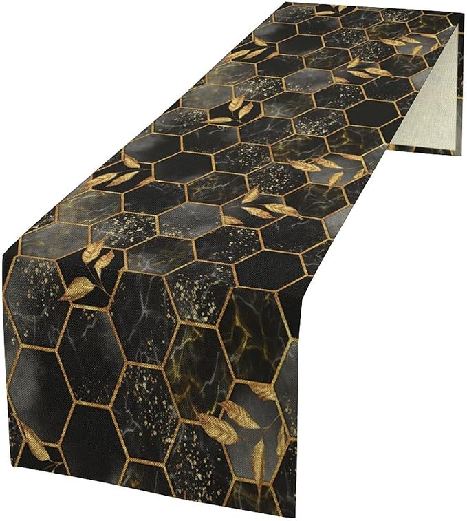 Black Grey Marble Table Runner Marble Hexagon Texture Golden Leaves Abstract Seasonal Dinner Runner Table Decoration for Farmhouse Home Kitchen Dining Holiday Party 13x90in