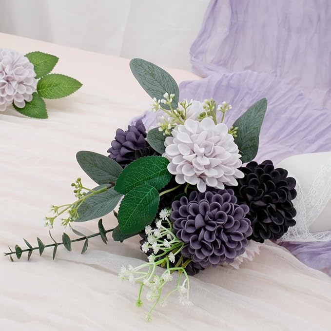 Artificial Flowers, 25pcs Realistic Artificial Rose for DIY Wedding Bouquets Centerpieces Arrangements, Gradient Violet Shades Dahlia Flowers with Stem for Bridal Shower Party