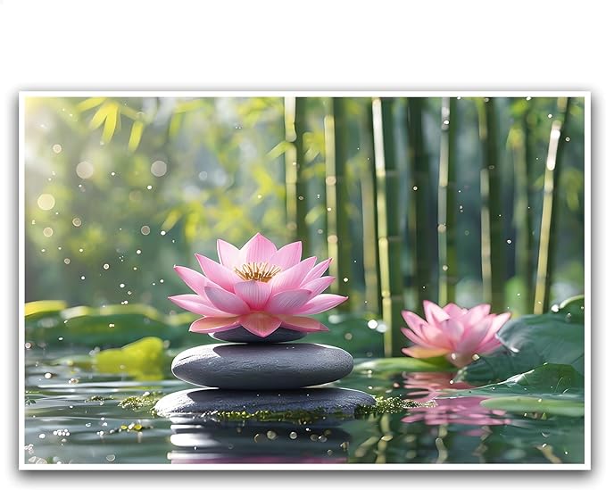 Ethereal pink lotus on obsidian Sunlit bamboo forest with sparkling water drops Poetic nature inspired wall art for tranquil homes and mindful spaces 28x40in Frameless