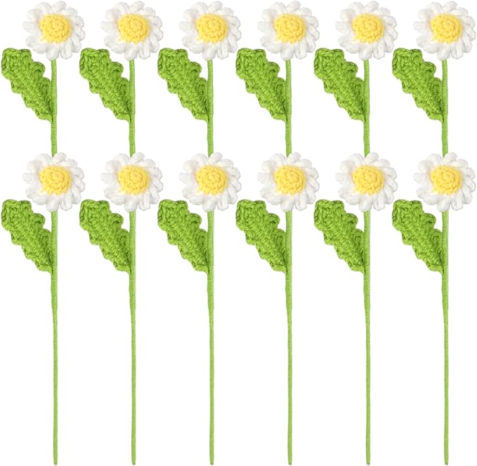 12Pcs Crochet Flowers, Artificial Daisy Crochet Flower Bouquet, Realistic Flower for Mother's Day Valentines Day Birthday Wedding Home Decor, White