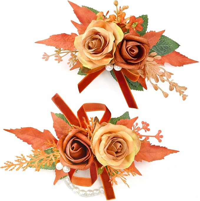 Serwalin Orange Corsage and Boutonniere Set 𝟮𝙥𝙘𝙨, 𝟲-𝟳 𝙄𝙣𝙘𝙝 Boutonniere and Wrist Corsage Wristband Prom Flower Wedding Flowers Accessories Prom Suit Decorations Cake Topper