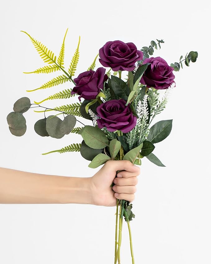 uHouse 10pcs Fake Roses Artificial Silk Flowers Faux Rose Flower Long Stems Bouquet for Arrangement Wedding Centerpiece Party Home Kitchen Decor(Plum)